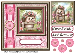Pink and gold floral hedgehog card front 3