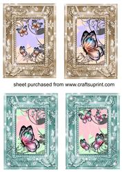 4 Beige and Green Framed Floral Butterfly Toppers