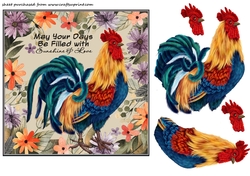 Multi coloured floral rooster card front