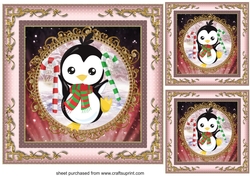 3 candy cane penguin Christmas card fronts/toppers