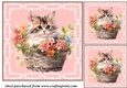 3 Floral cat in basket card front/toppers 1