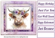 Purple floral Highland cow card front 1