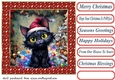 Black cat in a tangle Christmas card front 2