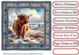 Blue check framed Christmas Highland cow card front 2