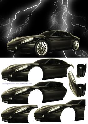 Stunning Black Sports Car Decoupage on Lightning Background