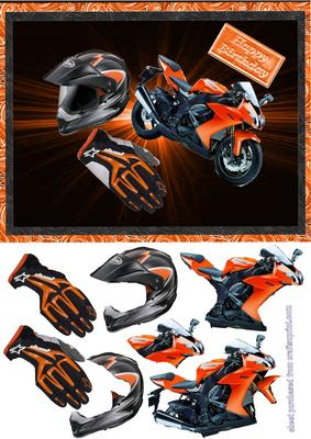 Orange Sports Bike with Helmet & Gloves Decoupage