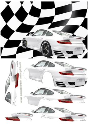 White Sport Car on Racing Flag Background Decoupage