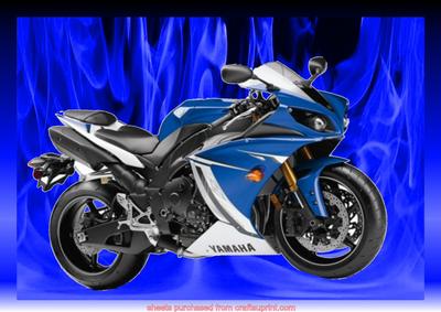 Blue Sports Bike on Flame Blue Background 1 of 2