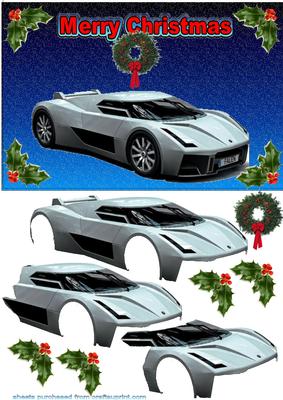 Christmas Supercar Decoupage on Snowy Background