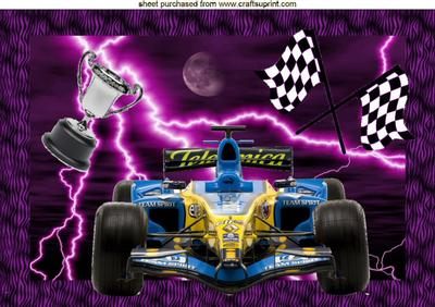 A4 Blue and Yellow Formula 1 Car on Lightning Background