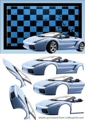Light Blue Lamborghini on Check Board Background Decoupage