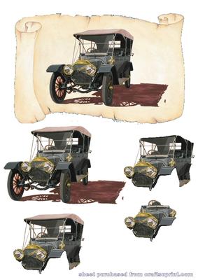 Vintage Car Decoupage on Effective Scroll Background