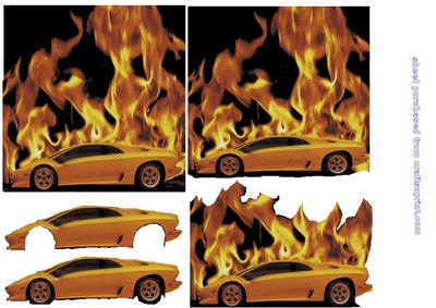 Yellow Sporty Car with Flames Background Decoupage