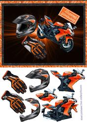 Orange Sports Bike with Helmet & Gloves Decoupage