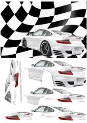 White Sport Car on Racing Flag Background Decoupage