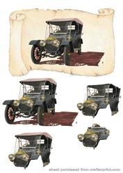 Vintage Car Decoupage on Effective Scroll Background