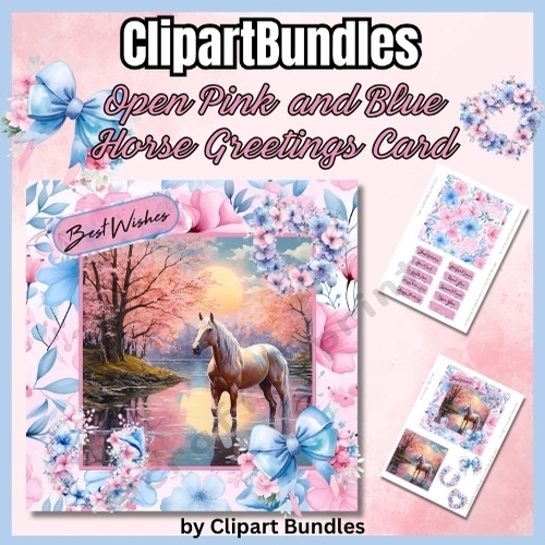 6 x 6 Blue and Pink Horse Open Greetings Card