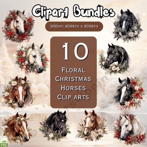 10 Gorgeous Floral Christmas Horses Clipart Bundle 4096px & 300dpi