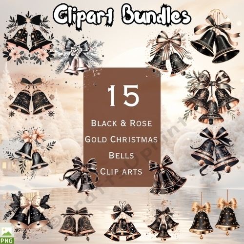 15 x Black & Rose Gold Christmas Bells (Transparent .pngs, 300dpi, 4096px)