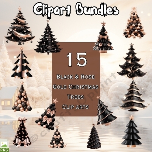 15 x Black and Rose Gold Christmas Trees Clipart Bundle (300dpi, 4096px square, transparent .png files).