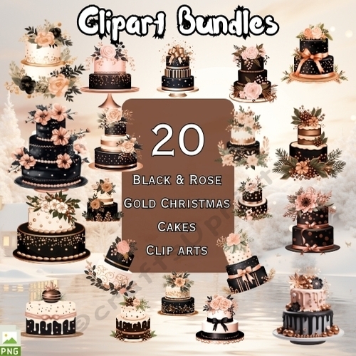 20 x Black and Rose Gold Christmas Cakes Clipart Bundle (300dpi - 4096px x 4096px - .png files)