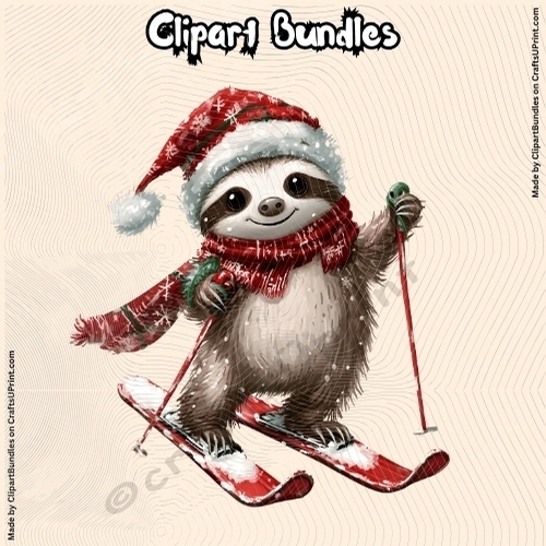 Cute Skiing Christmas Sloth Clipart (4096px x 4096px, .png file, 300dpi)