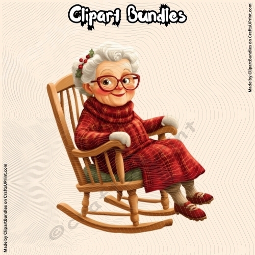 Cute Granny  at Christmas on a Rocking Chair Clipart (4096px x4096px, 300dpi, .png file)