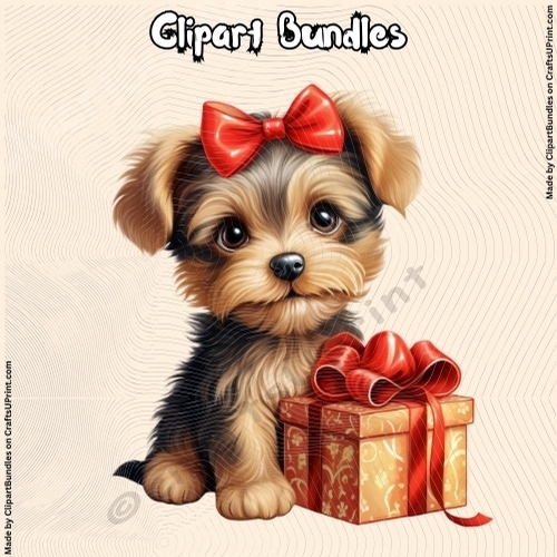 Cute Cartoon Style Christmas Yorkshire Terrier with Gift (4096px x 4096px, 300dpi, .png file)