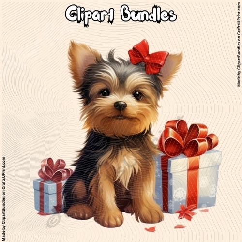 Cute Cartoon Style Christmas Yorkshire Terrier with Gift (4096px x 4096px, 300dpi, .png file)