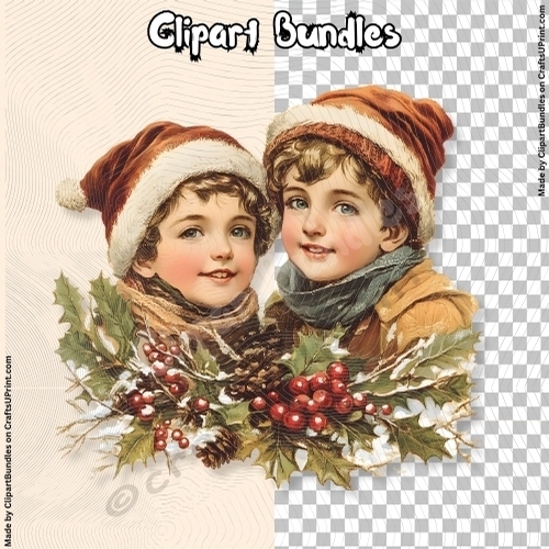 Two Boys with Holly Clipart - Vintage (4096px x 4096px, .png, 300dpi)