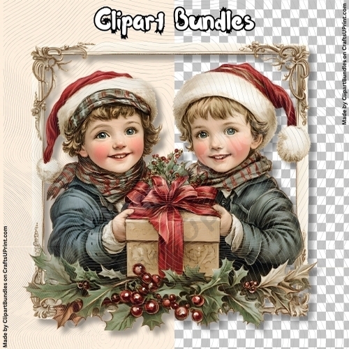 Two Boys in a Frame with Holly Vintage Clipart (4096px x 4096px, .png, 300dpi)