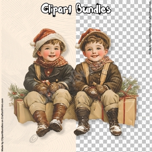 Two Boys sitting on Christmas Gifts Vintage Clipart (4096px x 4096px, .png, 300dpi)