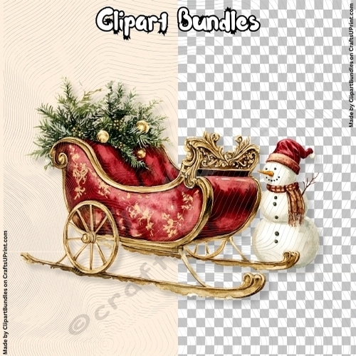 Sleigh and Snowman Vintage Clipart (4096px x 4096px, .png, 300dpi)