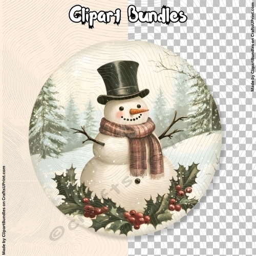 Round Snowman Scene Vintage Clipart 01 (4096px x 4096px, .png, 300dpi)