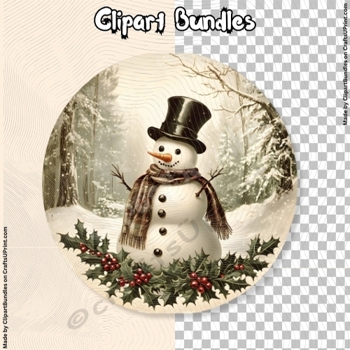 Round Snowman Scene Vintage Clipart 02 (4096px x 4096px, .png, 300dpi)