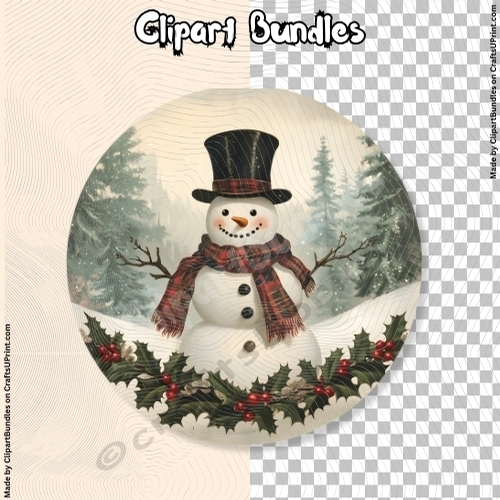Round Snowman Scene Vintage Clipart 03 (4096px x 4096px, .png, 300dpi)