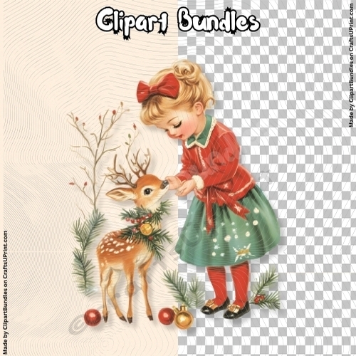Girl with Reindeer at Christmas - Vintage Clipart (4096px x 4096px, .png, 300dpi)