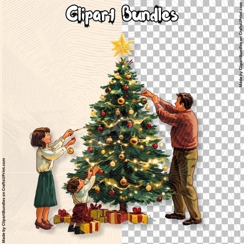 Dad with Daughters Decorating Christmas Tree - Vintage Clipart (4096px x 4096px, .png, 300dpi)