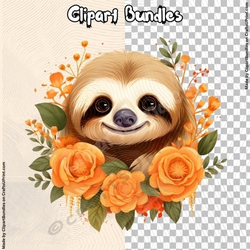 Beautiful Orange Floral Sloth - Valentine/Romance Clipart (4096px x 4096px, .png, 300dpi)