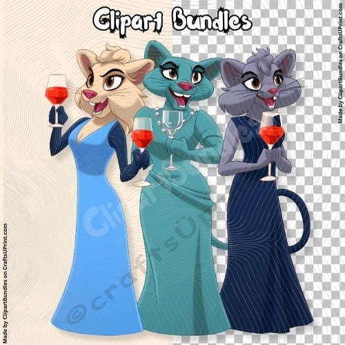 3 Dressed-Up Partying Cougars Clipart (4096px x 4096px, 300dpi, .png file)