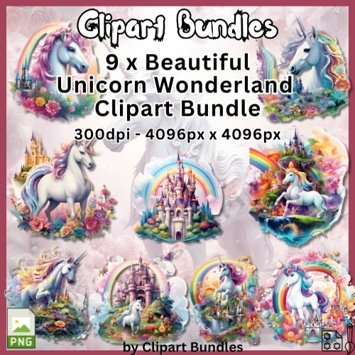 9 x Beautiful Unicorn Wonderland Clipart Bundle