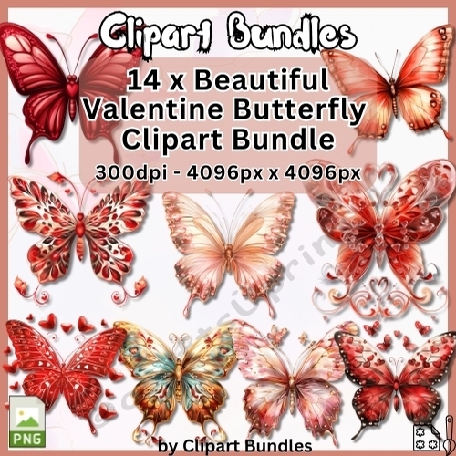 14 x Beautiful Valentine Butterflies Clipart Bundle