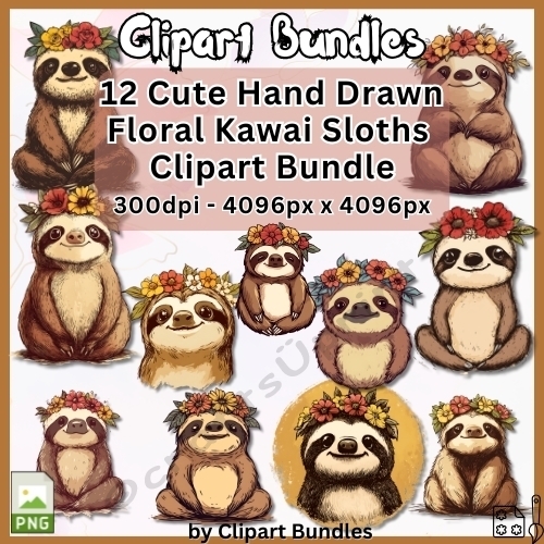 12 Cute Hand Drawn Floral Kawai Sloths  Clipart Bundle (4096px x 4096px, 300dpi, png file)