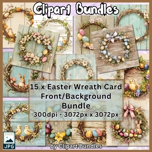 This 15 x Easter Wreath Card Front/Background Bundle (3072px x 3072px, 300dpi, JPG files)
