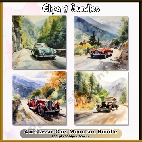 4 x Classic Cars in the Mountains Images for Designers and Card Creators