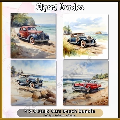 4 x Classic Cars by the Beach Images for Designers and Card Creators