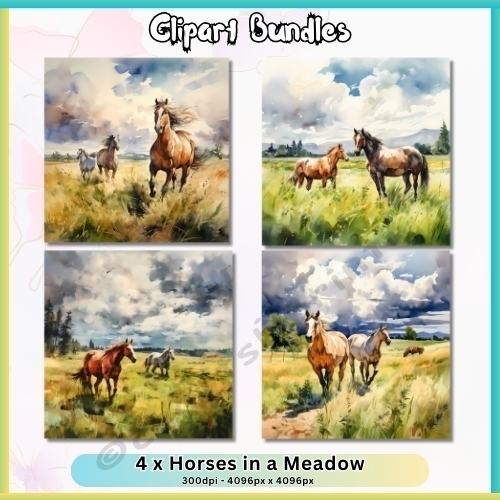 4 x Horses in a Meadow Images Bundle (4096px x 4096px, 300dpi, PNG files)