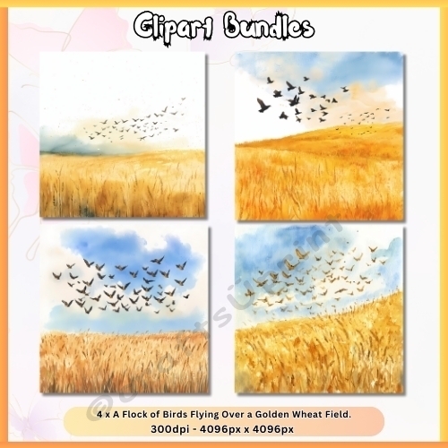 4 x A Flock of Birds Over Wheat Fields - 300dpi, JPG, 4096px