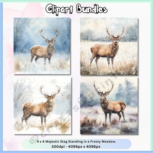 4 x Majestic Stag Standing in a Frosty Meadow - 300dpi, PNG, 4096px