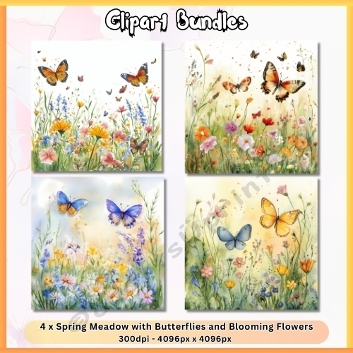 4 x Spring Meadow with Butterflies and Blooming Flowers (4096px x 4096px, 300dpi, .png files)